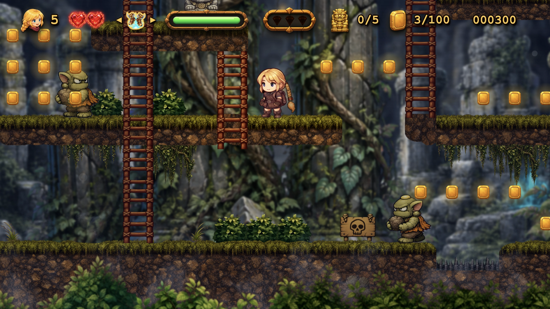Artia climbing through a mossy tower floor filled with trolls and collectibles